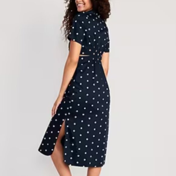 Navy and White Polka Dot Cutout Shirt Midi Dress Size Small - Picture 4 of 8